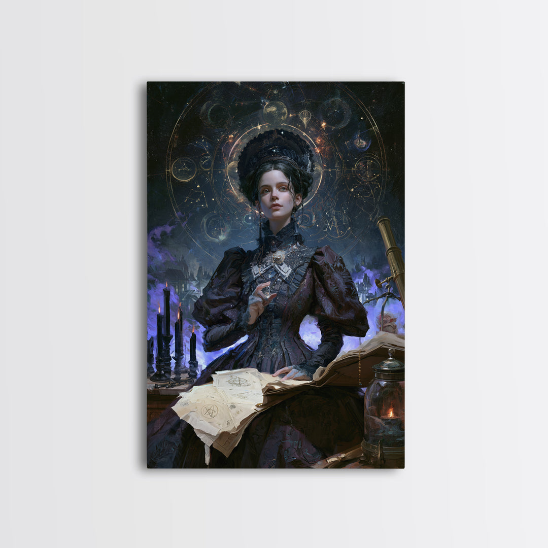 Celestial Witchcraft, Victorian Horror Portrait, Vertical Wall Art, Framed Canvas Print, Gothic Wall Decor, Halloween Portrait Art