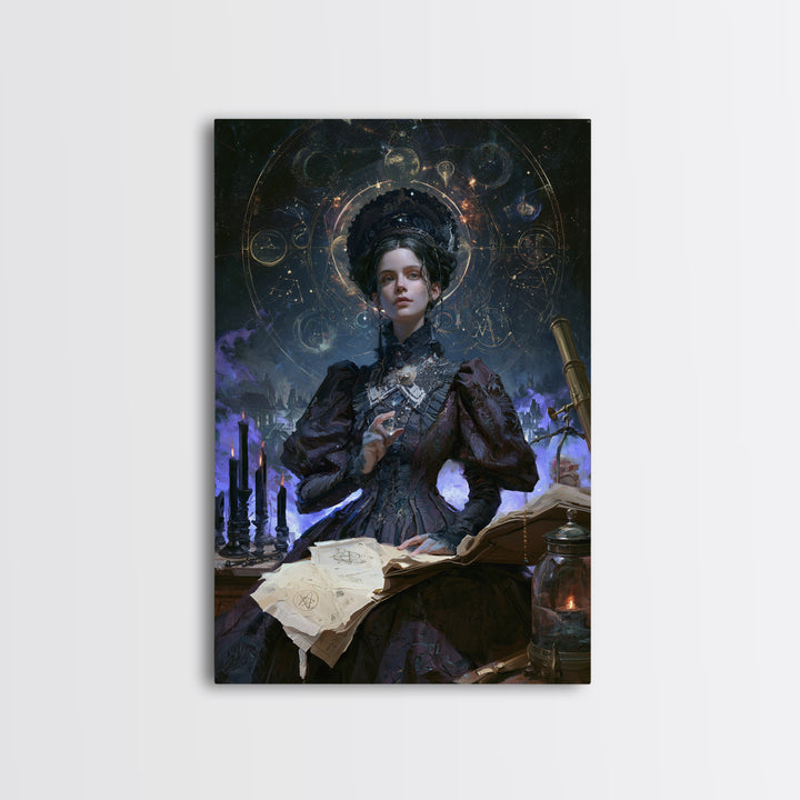Celestial Witchcraft, Victorian Horror Portrait, Vertical Wall Art, Framed Canvas Print, Gothic Wall Decor, Halloween Portrait Art