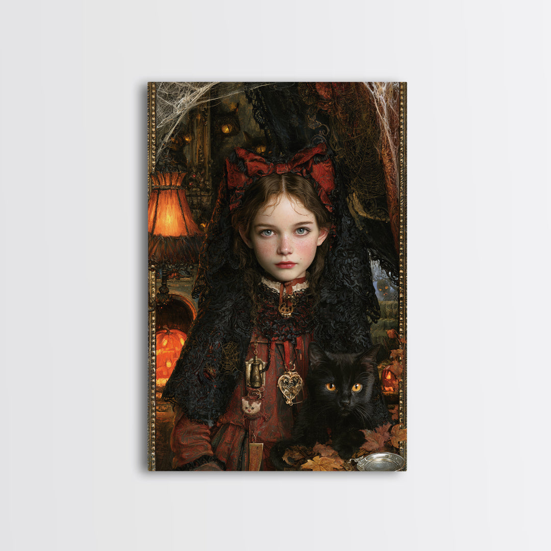 Black Lace And Cobwebs, Antique Gothic Portrait, Vertical Wall Art, Framed Canvas Print, Gothic Wall Decor, Halloween Portrait Art