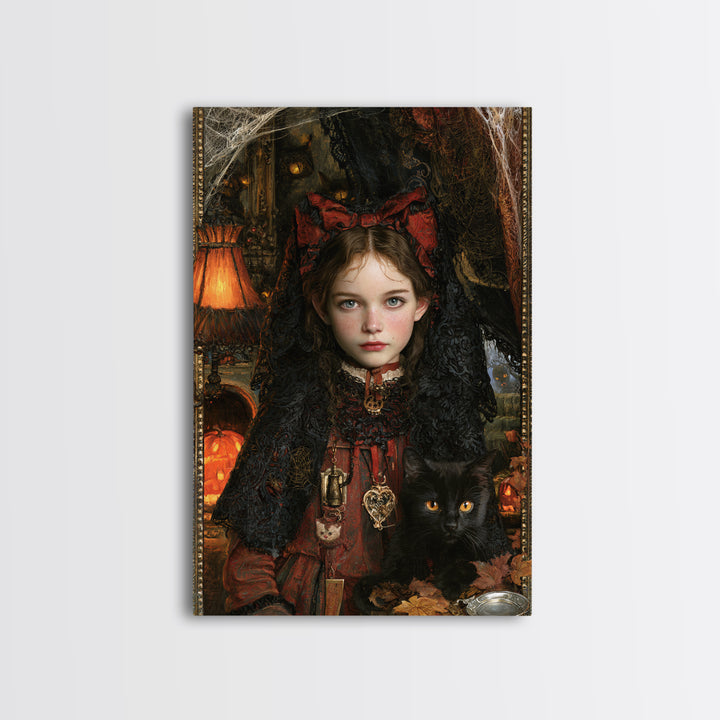 Black Lace And Cobwebs, Antique Gothic Portrait, Vertical Wall Art, Framed Canvas Print, Gothic Wall Decor, Halloween Portrait Art