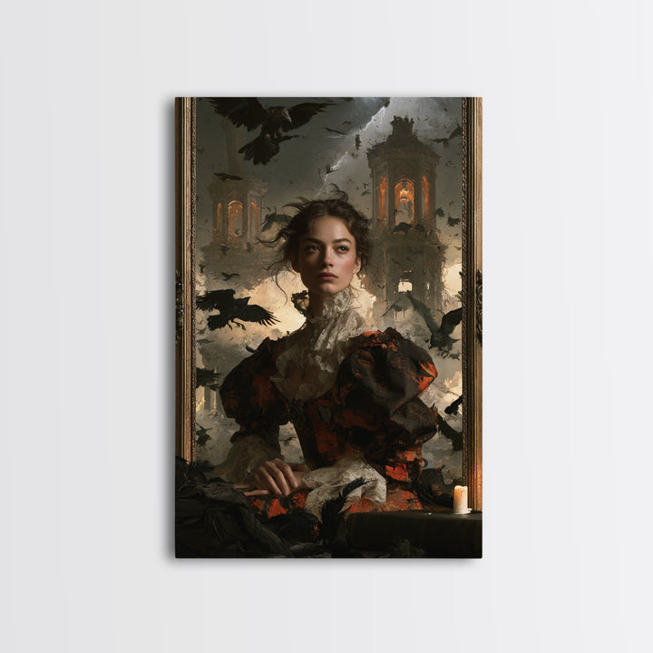 Ravens And Ruins, Victorian Gothic Art, Vertical Wall Art, Framed Canvas Print, Gothic Wall Decor, Halloween Portrait Art