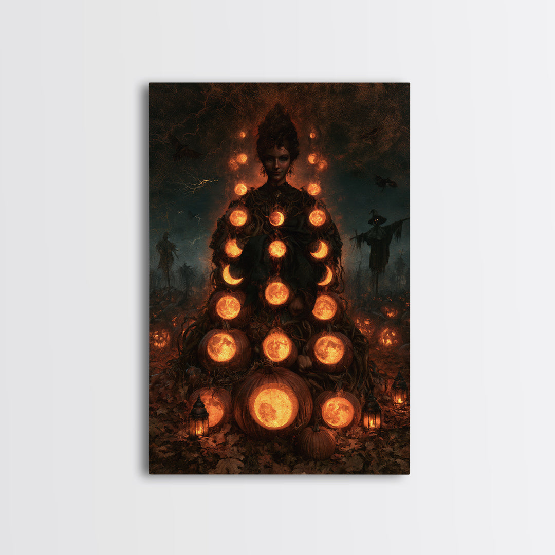 Pumpkins And Moon Phases, Victorian Horror Portrait, Vertical Wall Art, Canvas Print, Gothic Wall Decor, Halloween Portrait Art