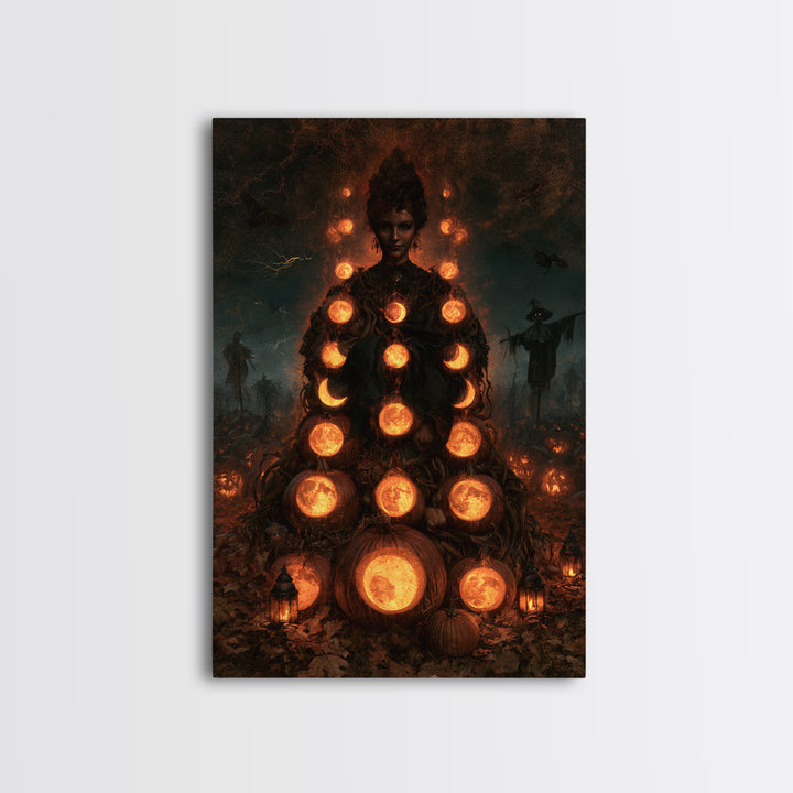 Pumpkins And Moon Phases, Victorian Horror Portrait, Vertical Wall Art, Canvas Print, Gothic Wall Decor, Halloween Portrait Art