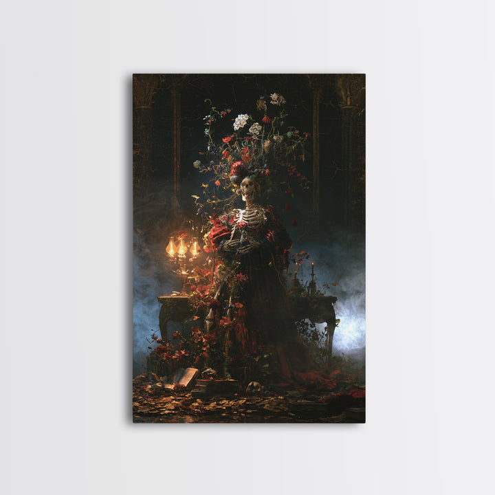 Skeletal Botanicals, Macabre Victorian Decor, Vertical Wall Art, Canvas Print, Gothic Wall Decor, Halloween Portrait Art, Spooky Wall Decor