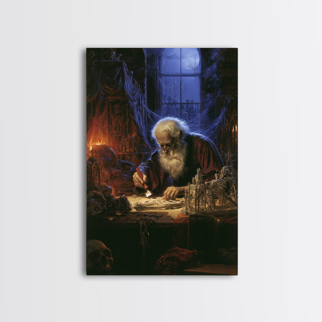 The Bone Sculptor, Antique Gothic Portrait, Vertical Wall Art, Canvas Print, Gothic Wall Decor, Halloween Portrait Art, Macabre Wall Art