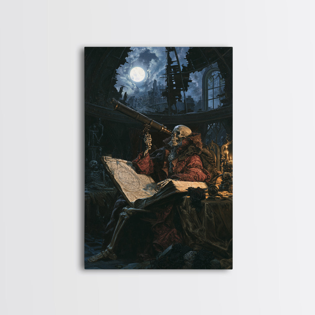 The Skull Astronomer, Victorian Horror Portrait, Vertical Wall Art, Framed Canvas Print, Gothic Wall Decor, Halloween Portrait Art