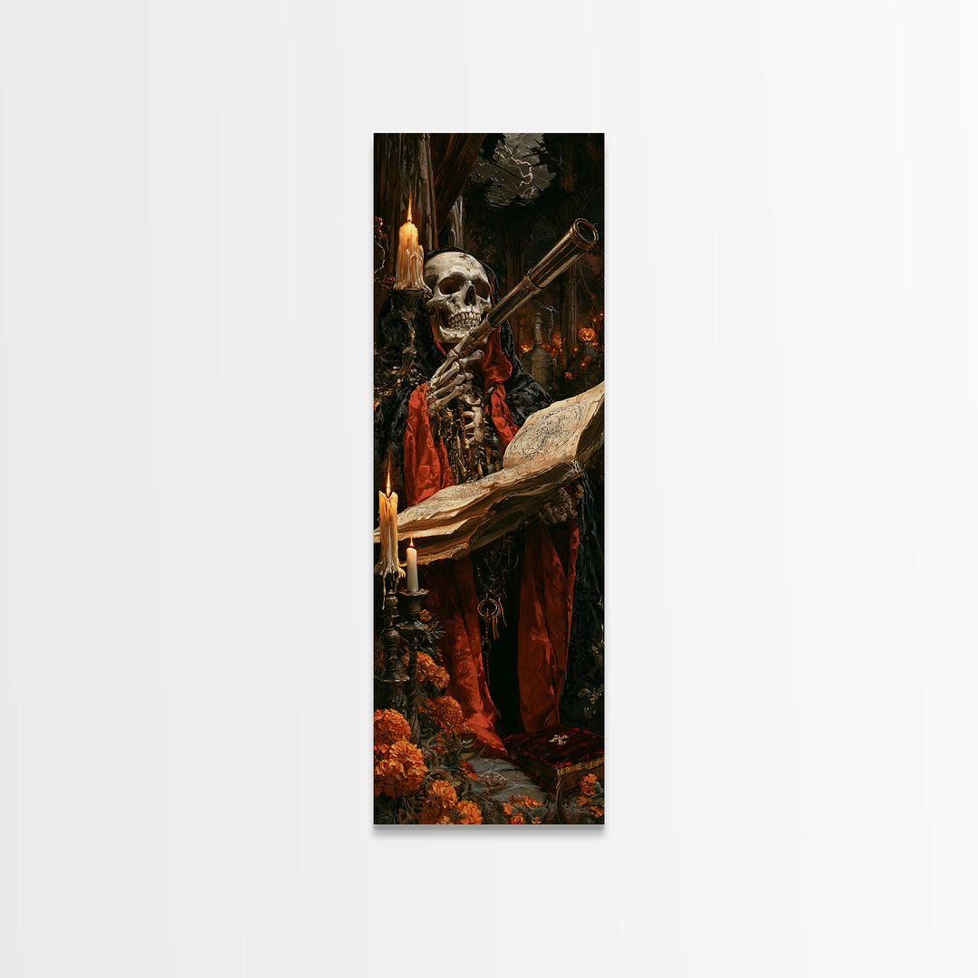 The Skull Astronomer, Victorian Gothic Art, Tall Narrow Wall Art, Canvas Print, Gothic Wall Decor, Halloween Portrait Art, Spooky Wall Decor