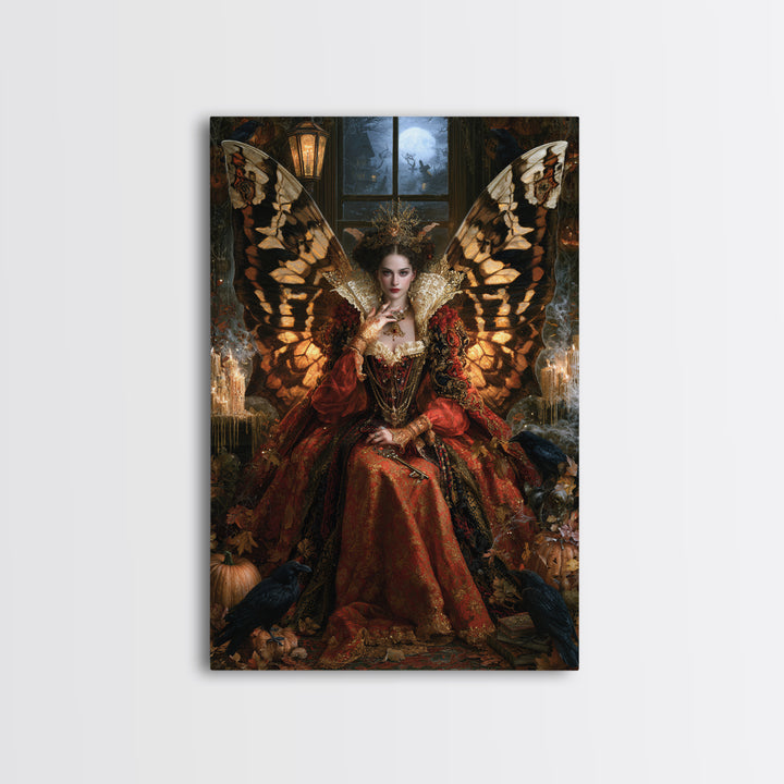 The Moth-Winged Empress, Antique Gothic Portrait, Vertical Wall Art, Framed Canvas Print, Gothic Wall Decor, Halloween Portrait Art