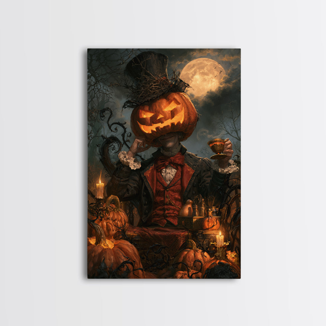 The Pumpkin-Headed Tea Merchant, Victorian Gothic Art, Vertical Wall Art, Framed Canvas Print, Gothic Wall Decor, Halloween Portrait Art