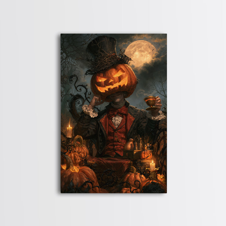 The Pumpkin-Headed Tea Merchant, Victorian Gothic Art, Vertical Wall Art, Framed Canvas Print, Gothic Wall Decor, Halloween Portrait Art