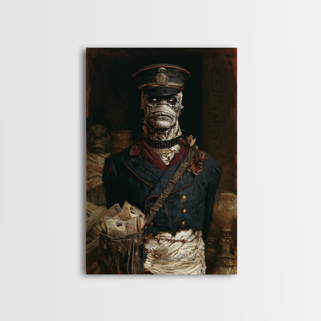 The Mummy Mail Carrier, Dark Academia Wall Art, Vertical Wall Art, Framed Canvas Print, Gothic Wall Decor, Halloween Portrait Art