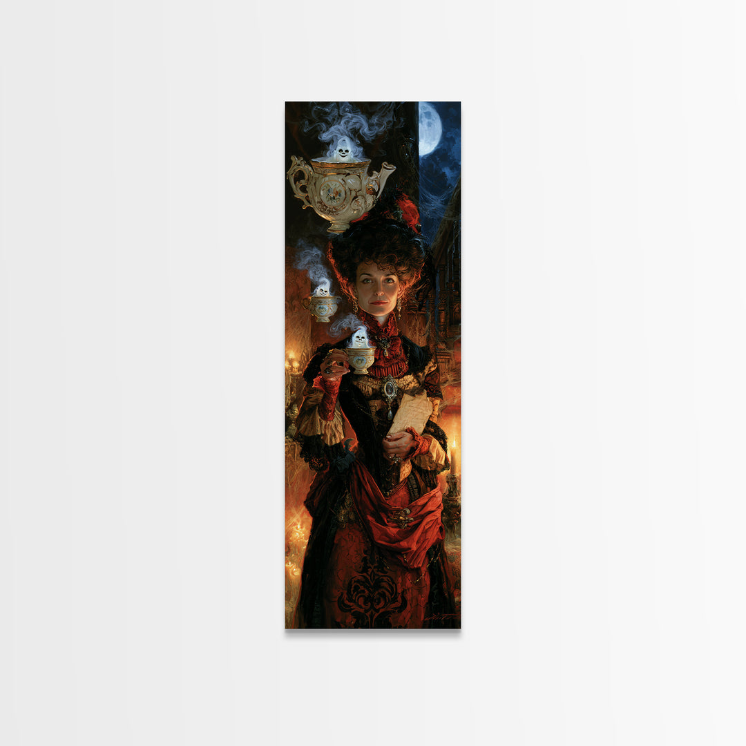 Tiny Ghosts In Teacups, Antique Gothic Portrait, Tall Narrow Wall Art, Canvas Print, Gothic Wall Decor, Halloween Portrait Art