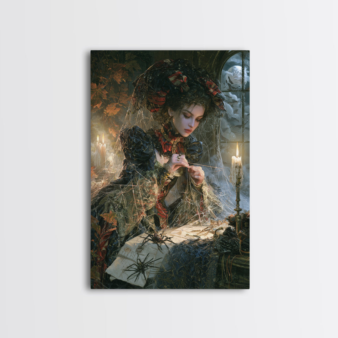 The Spider Sewing Circle, Victorian Horror Portrait, Vertical Wall Art, Framed Canvas Print, Gothic Wall Decor, Halloween Portrait Art
