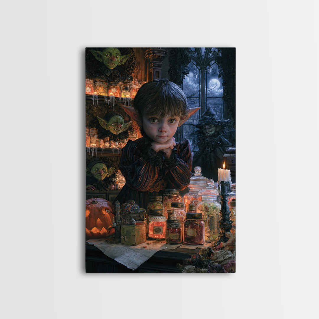 The Goblin Candy Shop, Dark Academia Wall Art, Vertical Wall Art, Framed Canvas Print, Gothic Wall Decor, Halloween Portrait Art