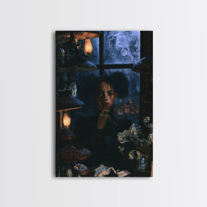 The Moonlit Mushroom Village, Macabre Victorian Decor, Vertical Wall Art, Canvas Print, Gothic Wall Decor, Halloween Portrait Art