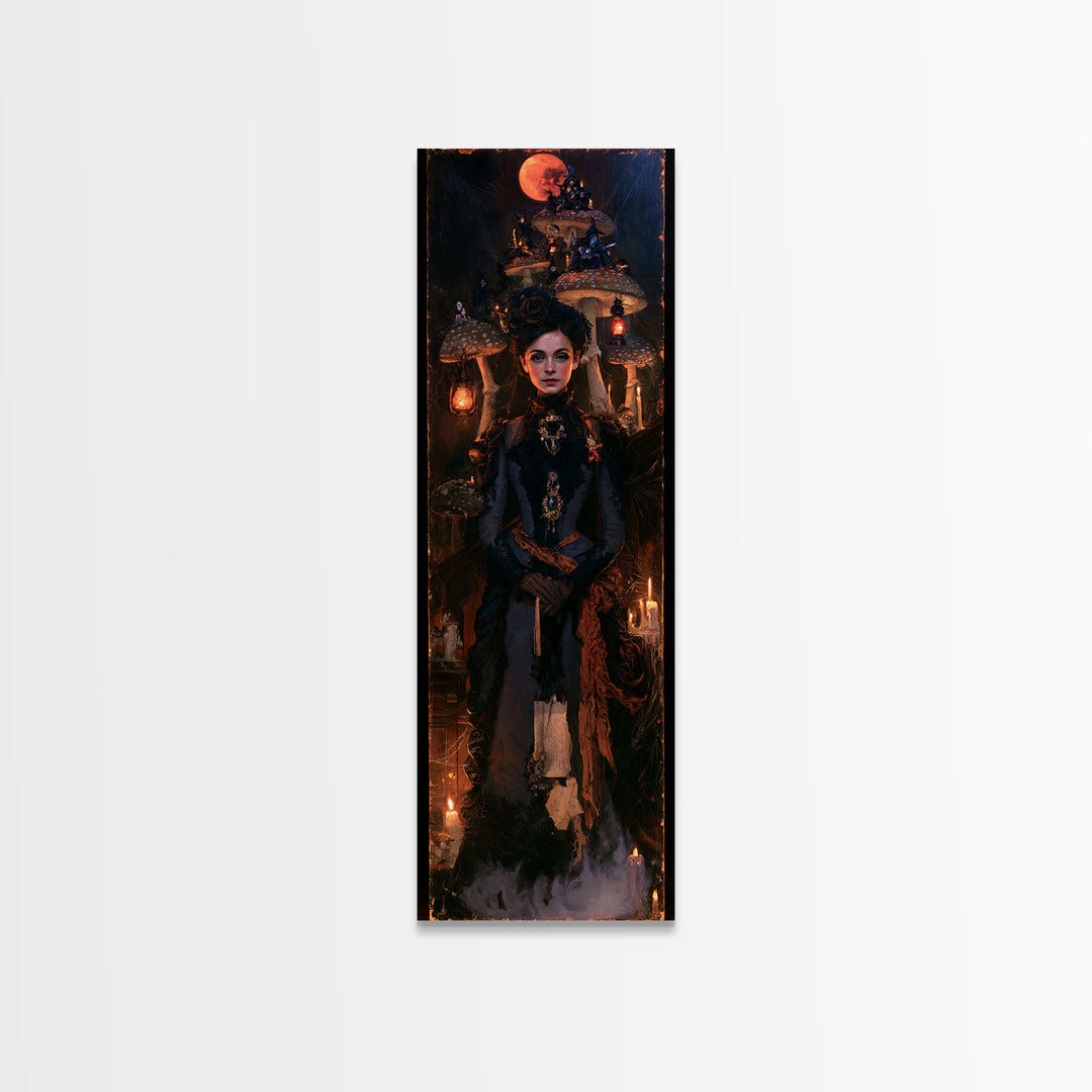 The Moonlit Mushroom Village, Macabre Victorian Decor, Tall Narrow Wall Art, Framed Canvas Print, Gothic Wall Decor, Halloween Portrait Art
