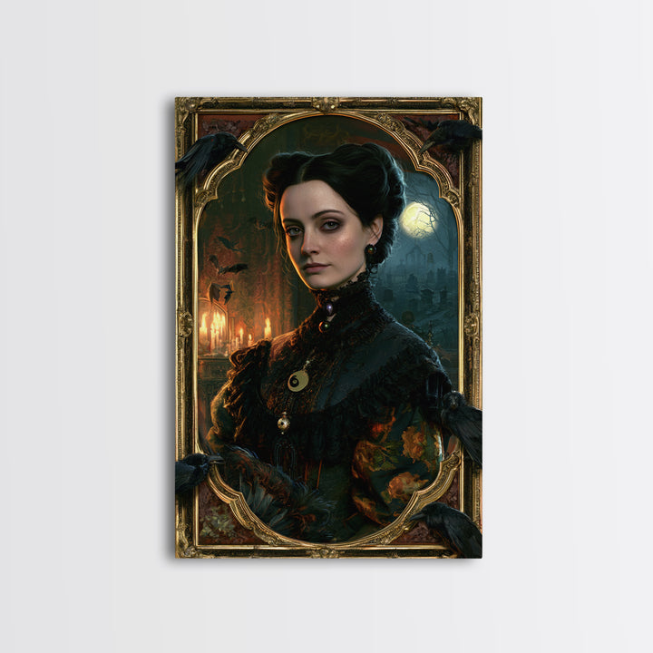 The Raven Post Office, Victorian Horror Portrait, Vertical Wall Art, Framed Canvas Print, Gothic Wall Decor, Halloween Portrait Art