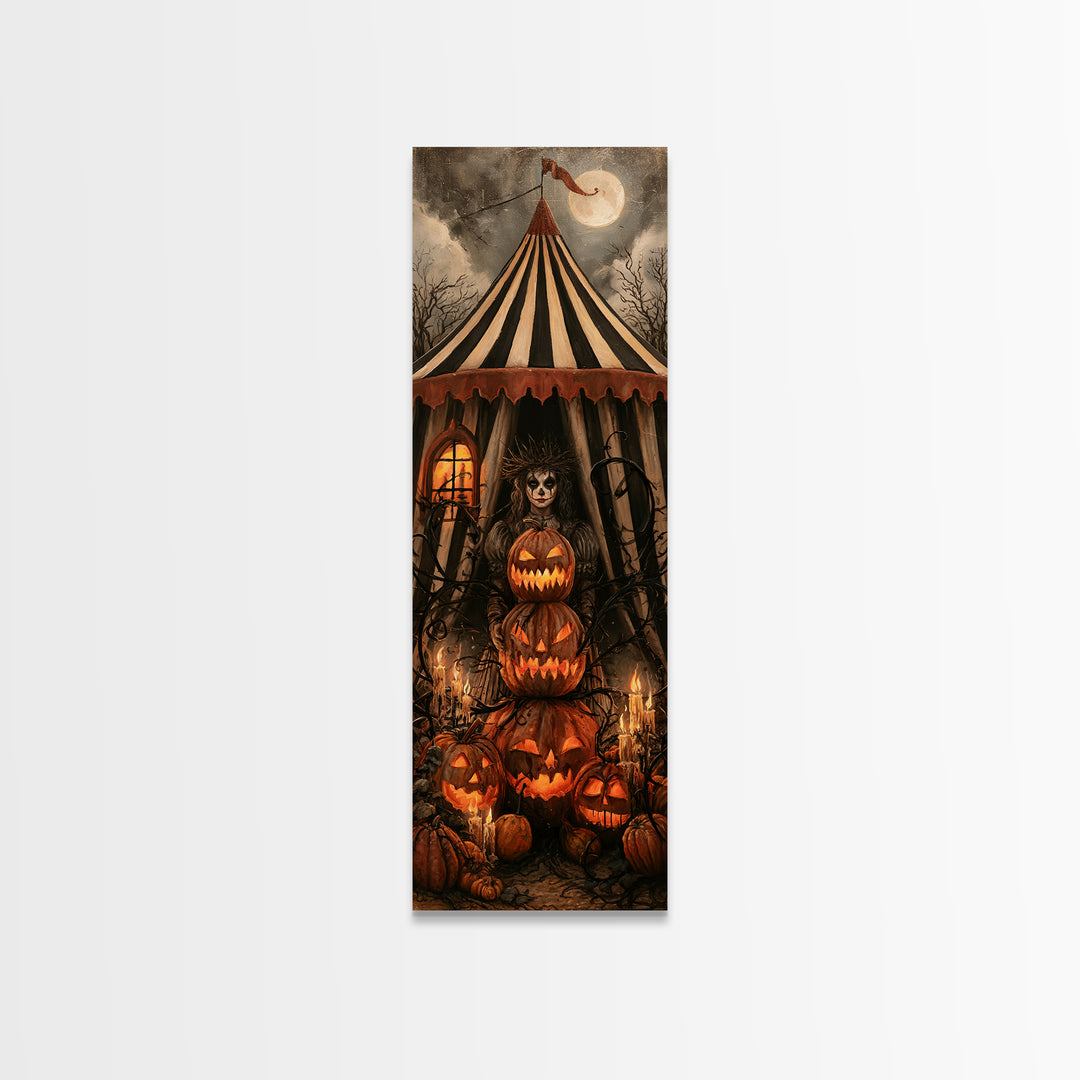The Jack-O'-Lantern Circus, Macabre Victorian Decor, Tall Narrow Wall Art, Framed Canvas Print, Gothic Wall Decor, Halloween Portrait Art