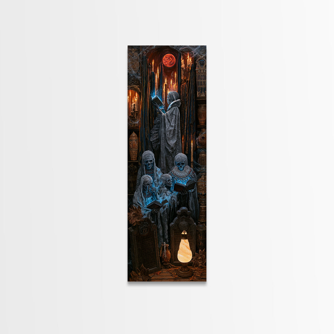 The Graveyard Book Club, Antique Gothic Portrait, Tall Narrow Wall Art, Framed Canvas Print, Gothic Wall Decor, Halloween Portrait Art