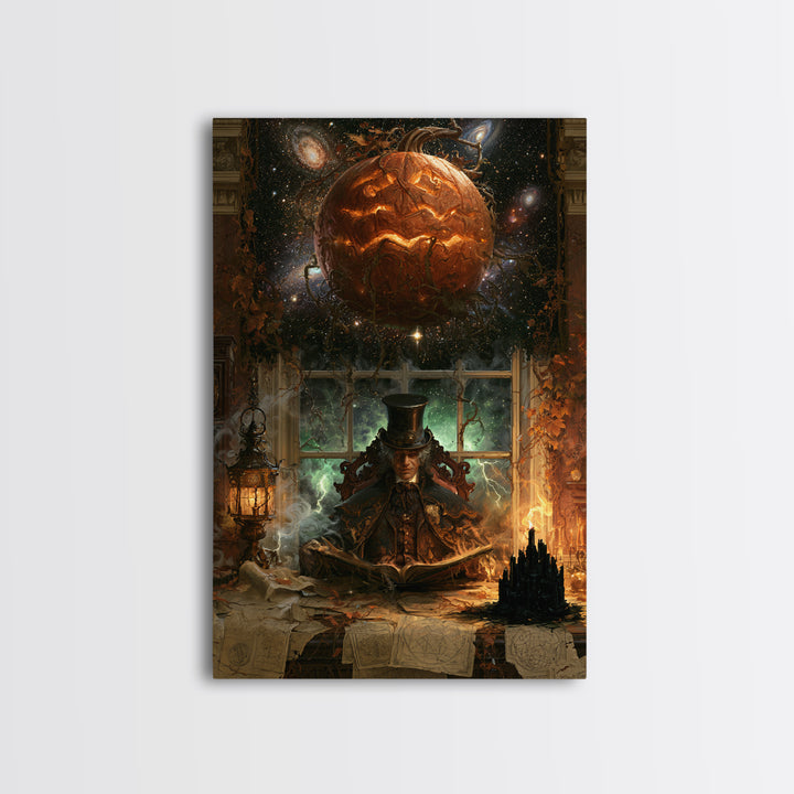 The Cosmic Pumpkin God, Macabre Victorian Decor, Vertical Wall Art, Canvas Print, Gothic Wall Decor, Halloween Portrait Art, Horror Wall Art