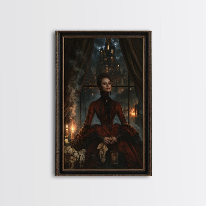 The Haunted City Skyline, Victorian Gothic Art, Vertical Wall Art, Framed Canvas Print, Gothic Wall Decor, Halloween Portrait Art