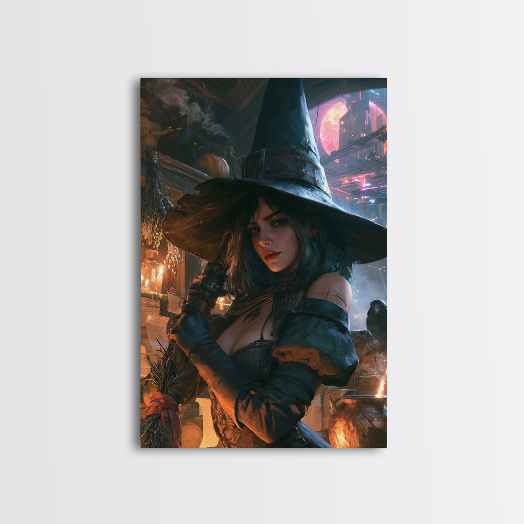 The Cyberpunk Witch, Dark Academia Wall Art, Vertical Wall Art, Canvas Print, Gothic Wall Decor, Halloween Portrait Art, Halloween Decor