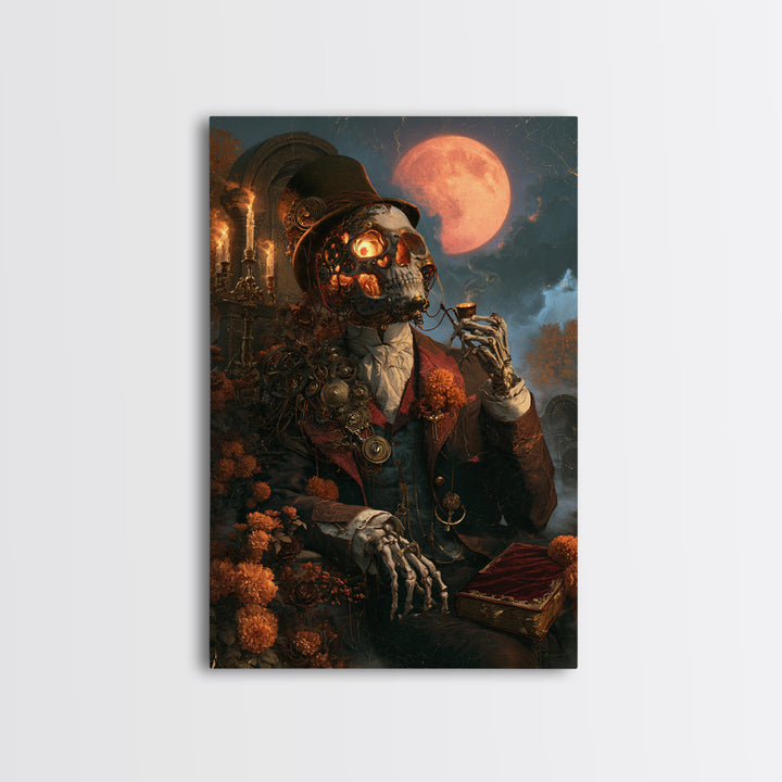 The Biomechanical Skeleton, Antique Gothic Portrait, Vertical Wall Art, Canvas Print, Gothic Wall Decor, Halloween Portrait Art