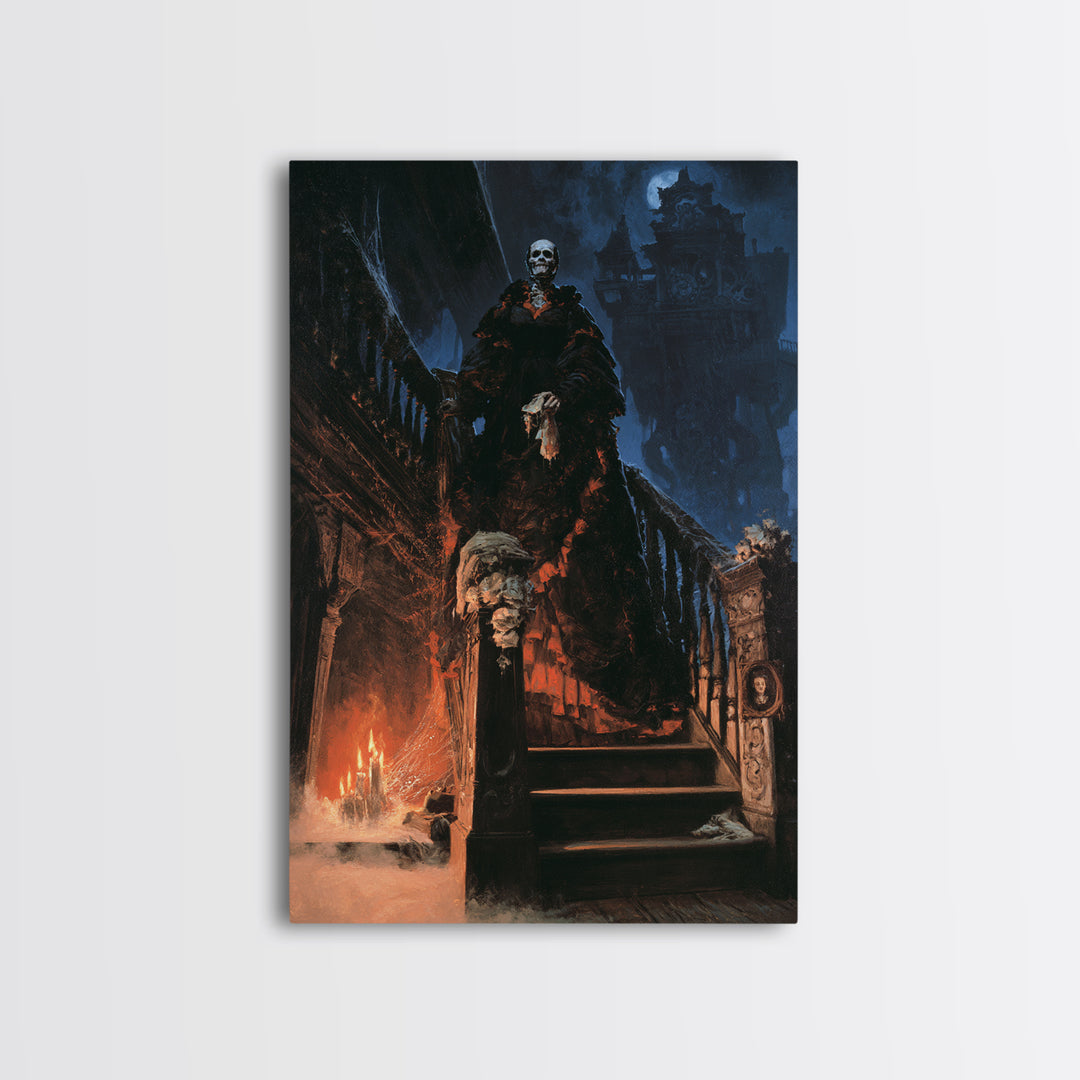 The Clockwork Haunted House, Dark Academia Wall Art, Vertical Wall Art, Canvas Print, Gothic Wall Decor, Halloween Portrait Art