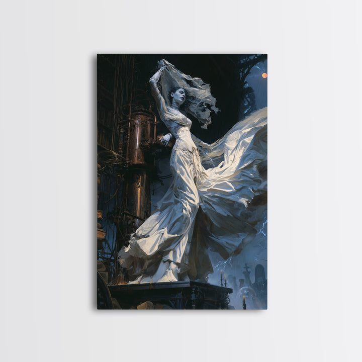 The Stitched Bride Of Thunder Hall, Antique Gothic Portrait, Vertical Wall Art, Framed Canvas Print, Gothic Wall Decor, Halloween Decor