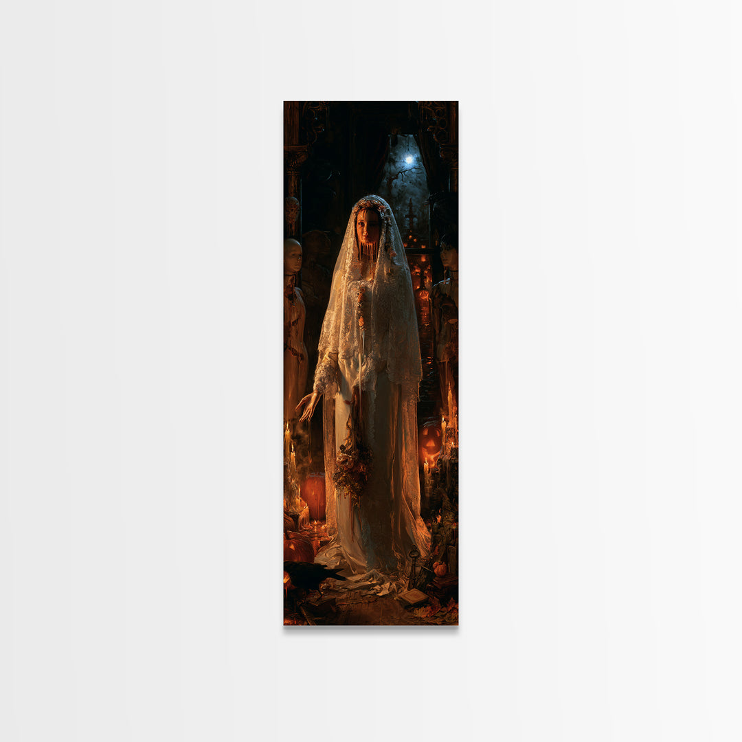 The Wax Bride Of Mourning Hall, Antique Gothic Portrait, Tall Narrow Wall Art, Framed Canvas Print, Gothic Wall Decor, Macabre Wall Art