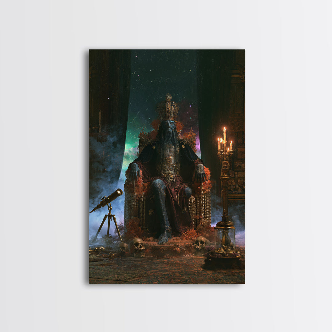 The Watcher In The Coral Throne, Lovecraftian Portrait Art, Vertical Wall Art, Framed Canvas Print, Gothic Wall Decor, Gothic Home Decor