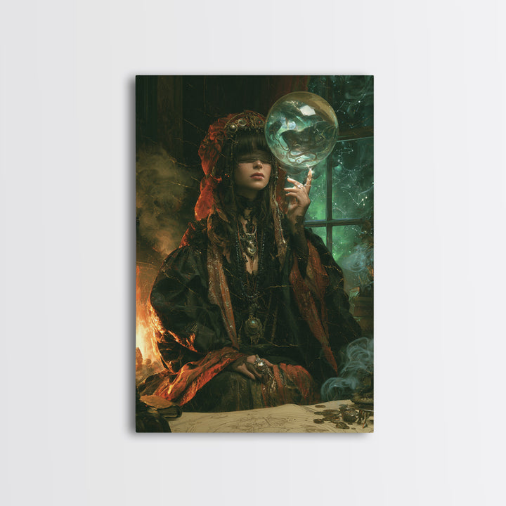 The Oracle Of The Glass Depths, Macabre Victorian Decor, Vertical Wall Art, Framed Canvas Print, Gothic Wall Decor, Halloween Portrait Art