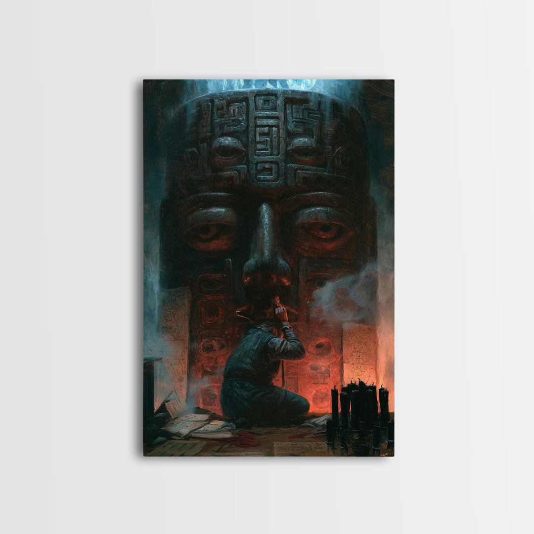 The Custodian Of The Whispering Idol, Victorian Horror Portrait, Vertical Wall Art, Framed Canvas Print, Gothic Wall Decor
