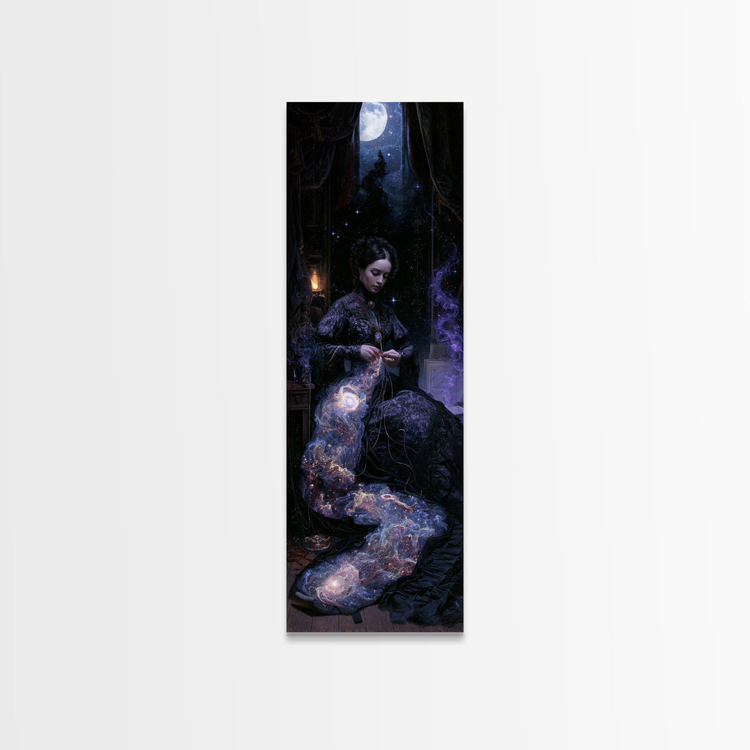 The Seamstress Of Living Nebulae, Victorian Cosmic Horror, Tall Narrow Wall Art, Framed Canvas Print, Gothic Wall Decor