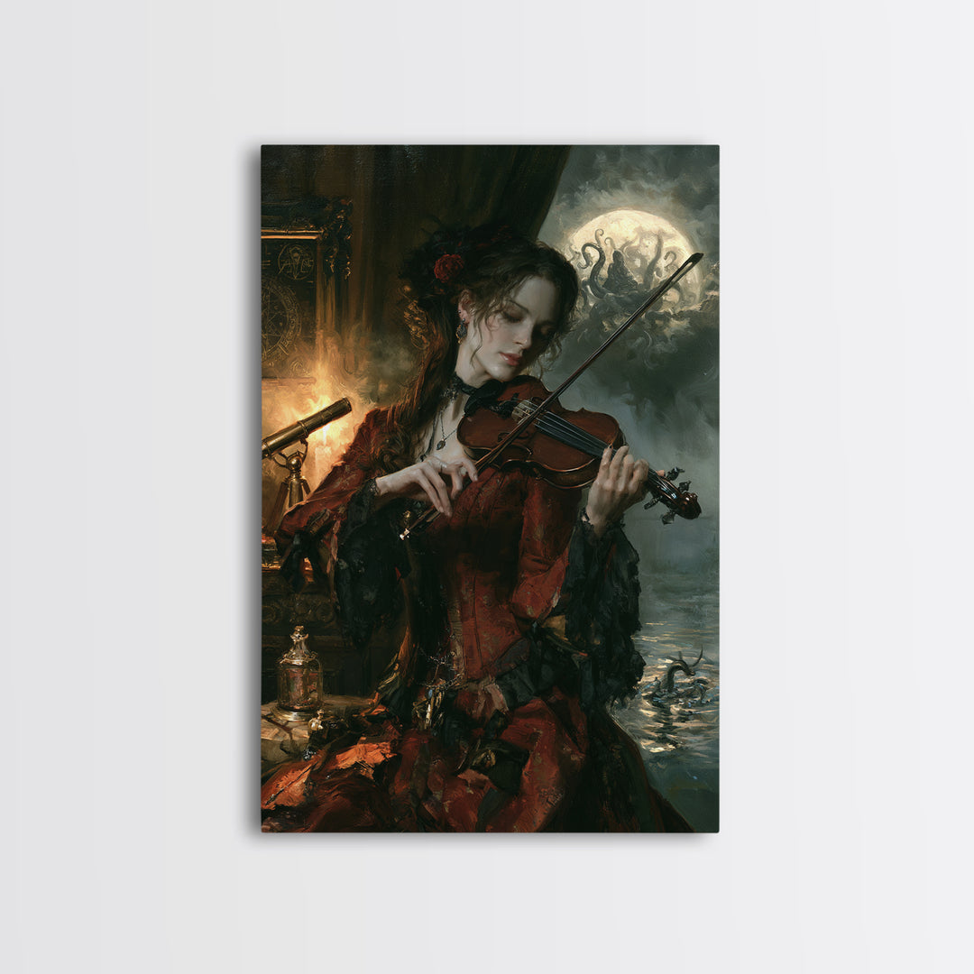 The Violinist Of The Drowned Moon, Victorian Horror Portrait, Vertical Wall Art, Framed Canvas Print, Gothic Wall Decor