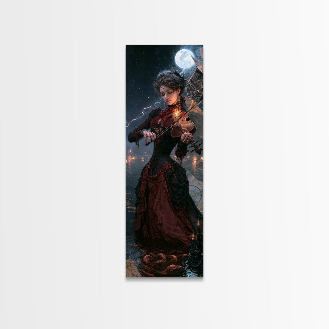 The Violinist Of The Drowned Moon, Victorian Gothic Art, Tall Narrow Wall Art, Framed Canvas Print, Gothic Wall Decor, Dark Fantasy Art