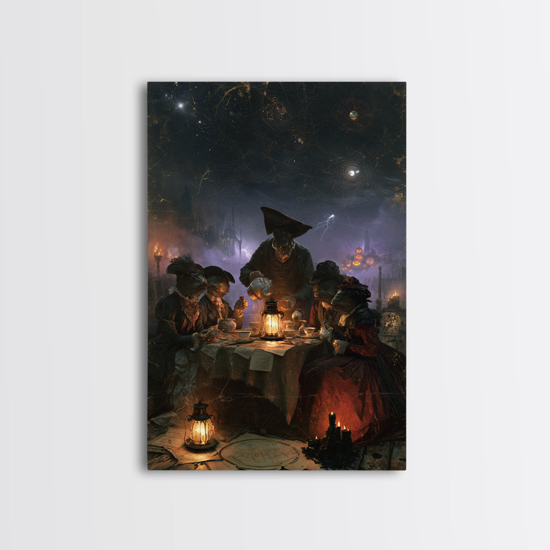 The Tea Party At Innsmouth Pier, Lovecraftian Portrait Art, Vertical Wall Art, Framed Canvas Print, Gothic Wall Decor