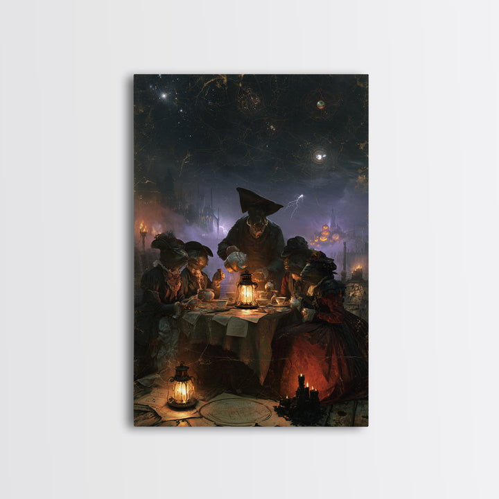 The Tea Party At Innsmouth Pier, Lovecraftian Portrait Art, Vertical Wall Art, Framed Canvas Print, Gothic Wall Decor