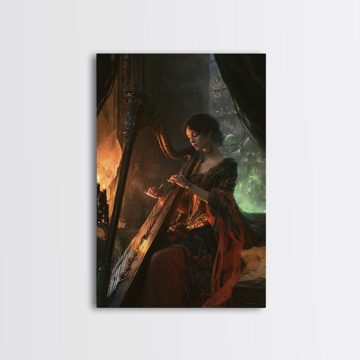 The Harpist Of Abyssal Sleep, Victorian Gothic Art, Vertical Wall Art, Framed Canvas Print, Gothic Wall Decor, Halloween Portrait Art