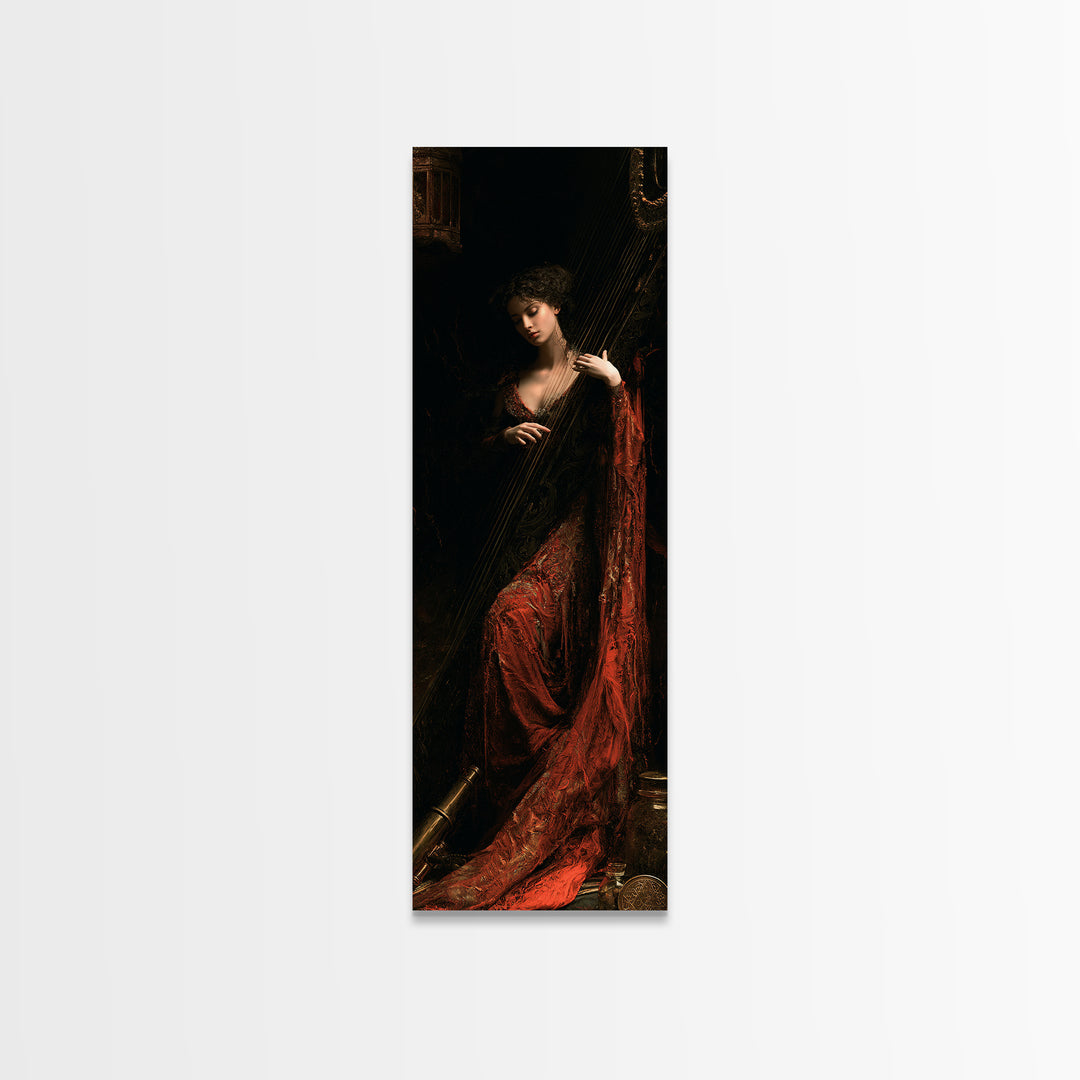 The Harpist Of Abyssal Sleep, Victorian Gothic Art, Tall Narrow Wall Art, Canvas Print, Gothic Wall Decor, Halloween Portrait Art