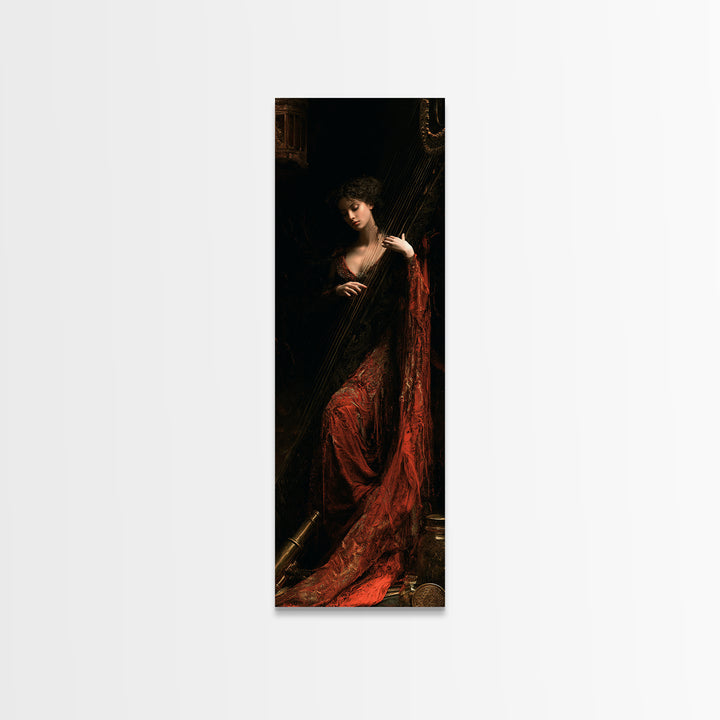 The Harpist Of Abyssal Sleep, Victorian Gothic Art, Tall Narrow Wall Art, Canvas Print, Gothic Wall Decor, Halloween Portrait Art