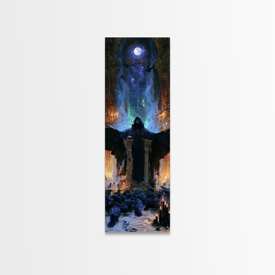 The Raven Sermon Of Leng, Victorian Gothic Art, Tall Narrow Wall Art, Canvas Print, Gothic Wall Decor, Halloween Portrait Art