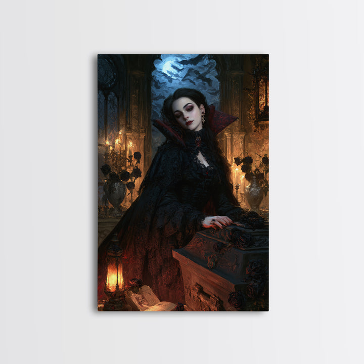 The Rose-Coffin Countess, Victorian Vampire Portrait, Vertical Canvas Print, Classic Halloween Decor, Canvas Print, Classic Monster Art