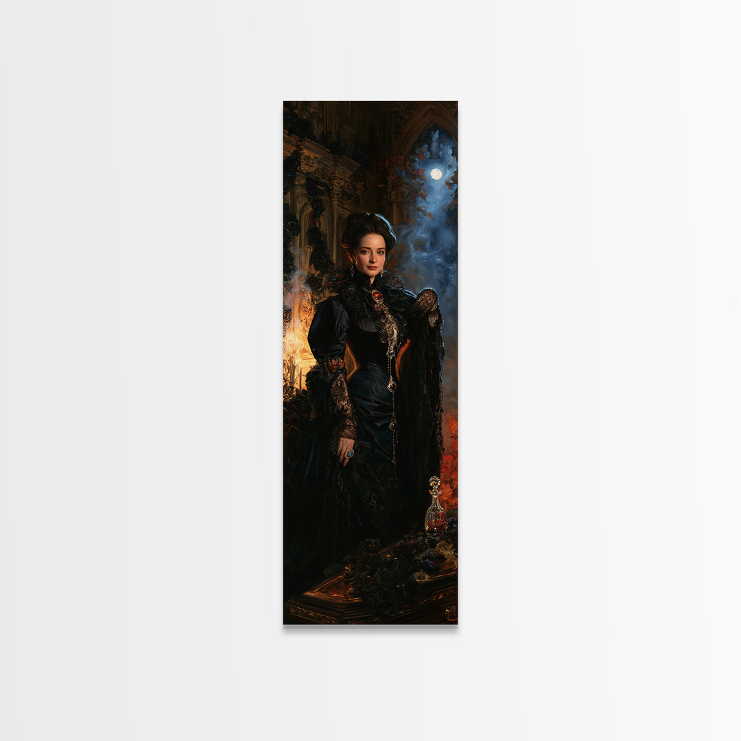 The Rose-Coffin Countess, Victorian Vampire Portrait, Tall Narrow Canvas Print, Macabre Home Decor, Gothic Wall Decor, Classic Monster Art
