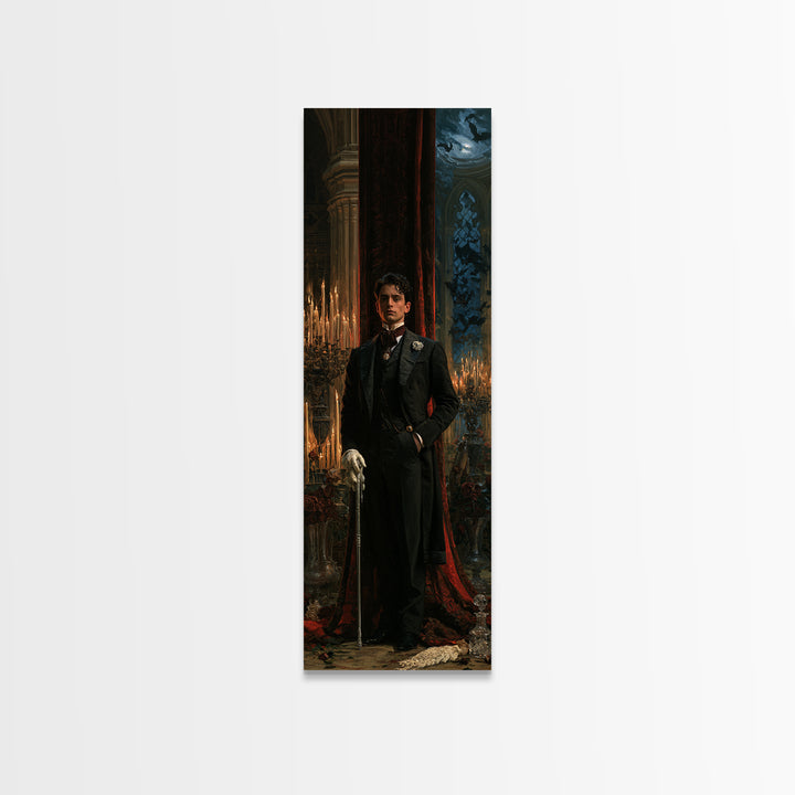 The Moonlit Viscount, Victorian Vampire Portrait, Tall Narrow Canvas Print, Classic Halloween Decor, Classic Monster Art