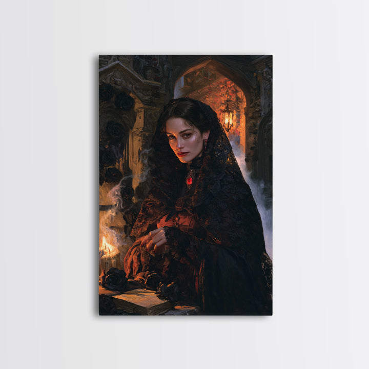 The Widow Of Black Veils, Victorian Vampire Portrait, Vertical Canvas Print, Classic Halloween Decor, Gothic Wall Decor, Classic Monster Art