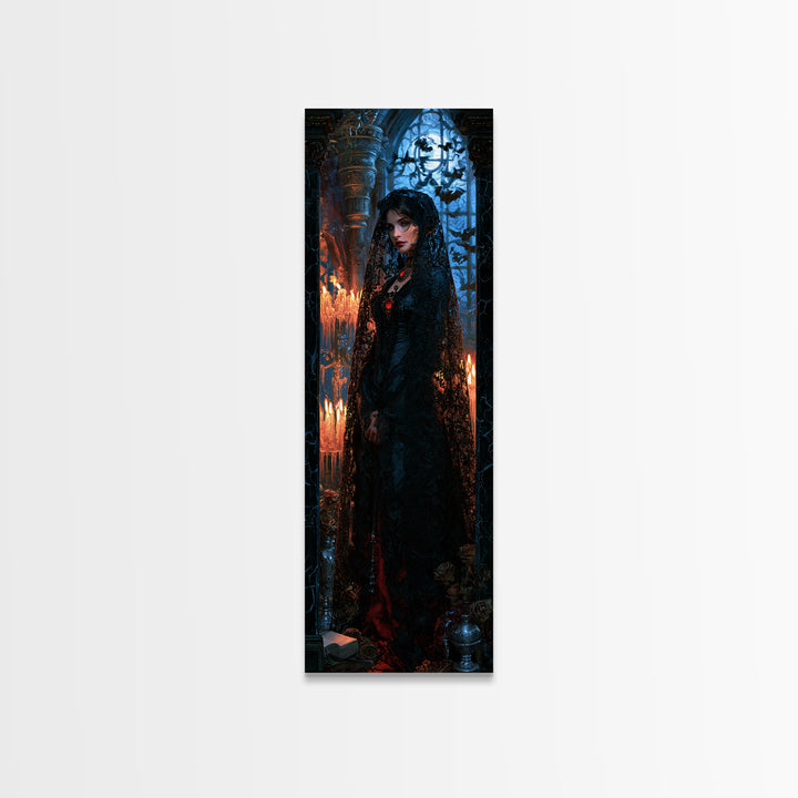 The Widow Of Black Veils, Victorian Vampire Portrait, Tall Narrow Canvas Print, Dark Academia Decor, Classic Monster Art