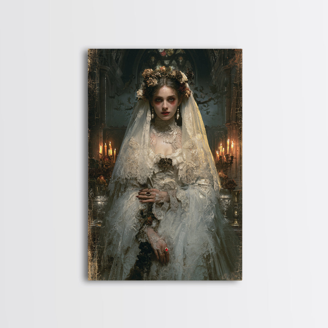 The Chapel Crypt Bride, Victorian Vampire Portrait, Vertical Canvas Print, Macabre Home Decor, Spooky Season Decor, Classic Monster Art