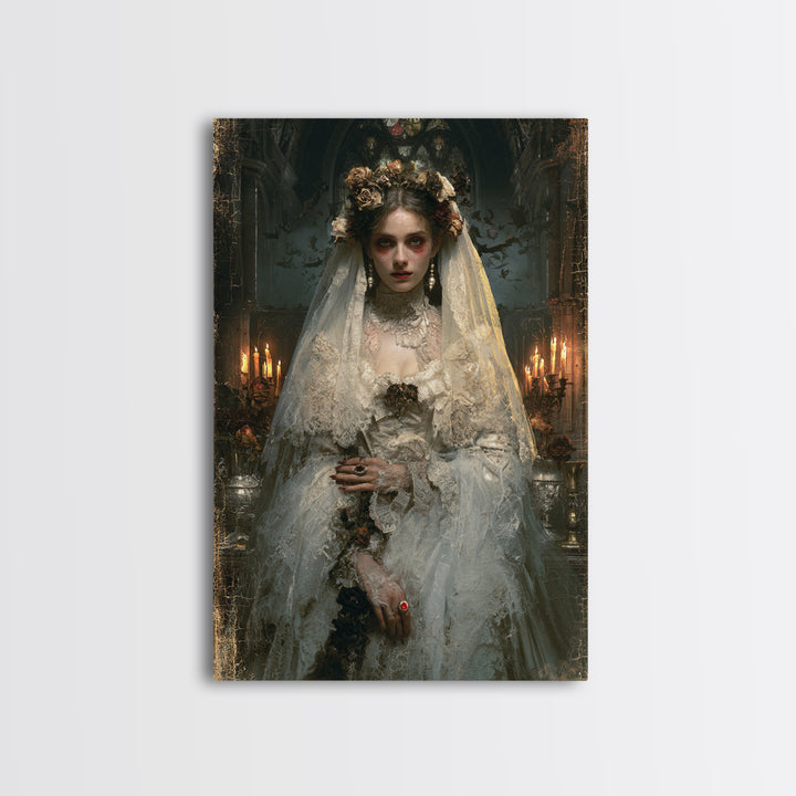The Chapel Crypt Bride, Victorian Vampire Portrait, Vertical Canvas Print, Macabre Home Decor, Spooky Season Decor, Classic Monster Art