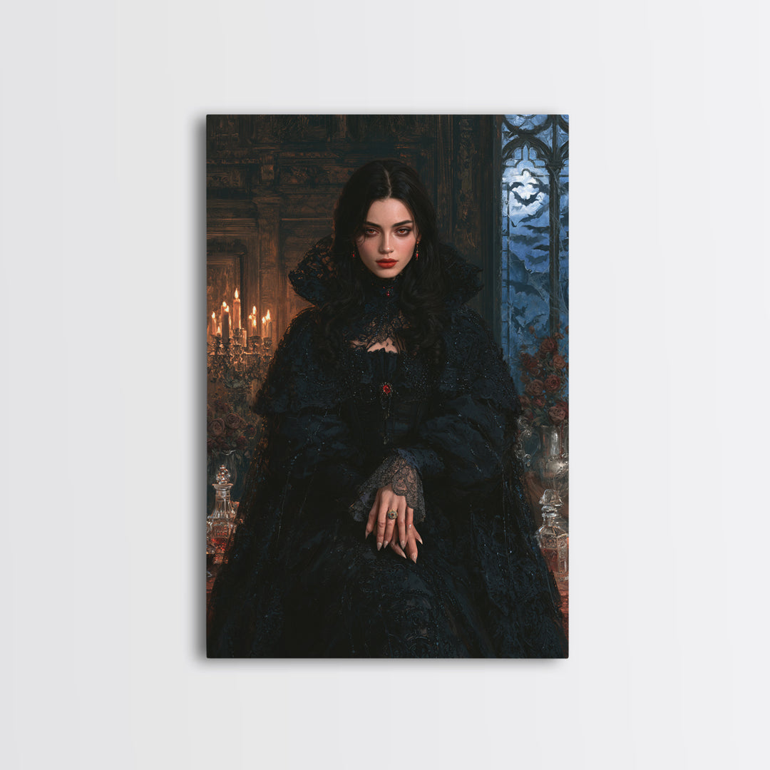 The Velvet-Fanged Heiress, Victorian Vampire Portrait, Vertical Canvas Print, Gothic Home Decor, Gothic Wall Decor, Classic Monster Art
